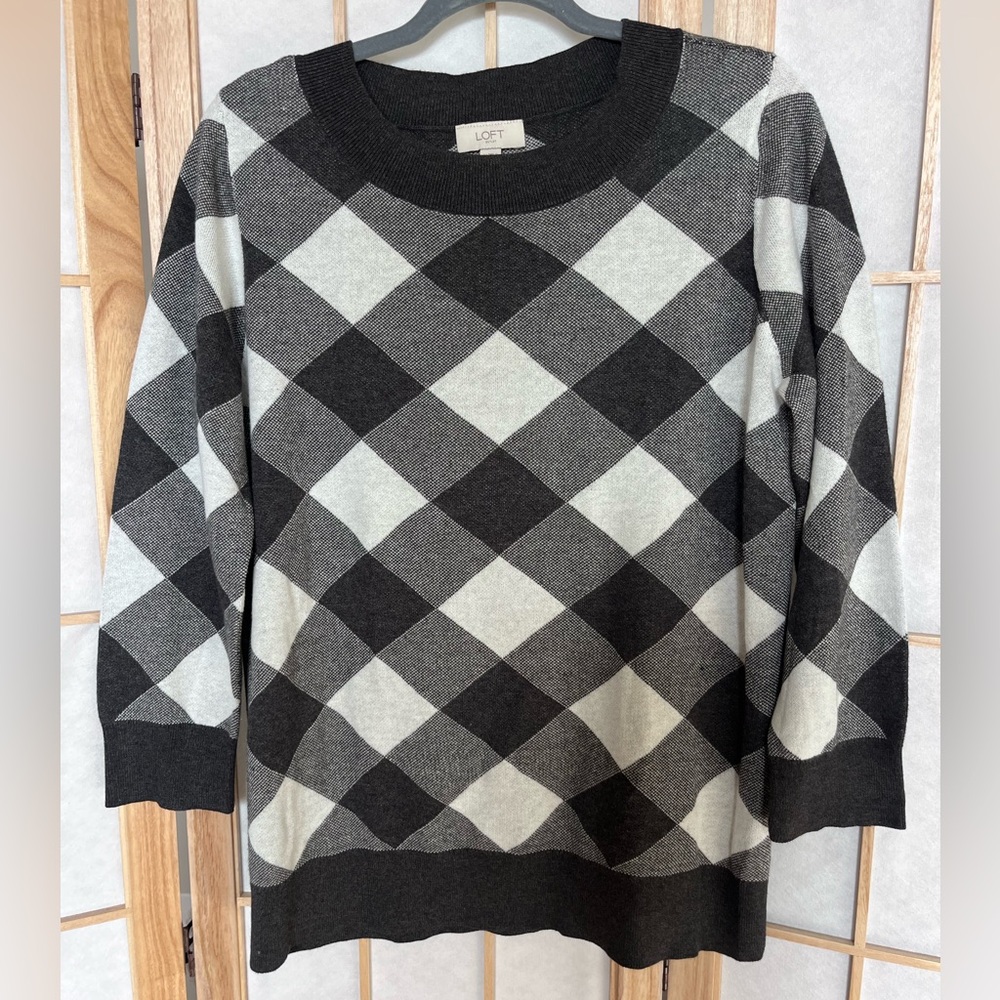 LOFT Dark Gray & White Checkered Knit Sweater Women’s Size L